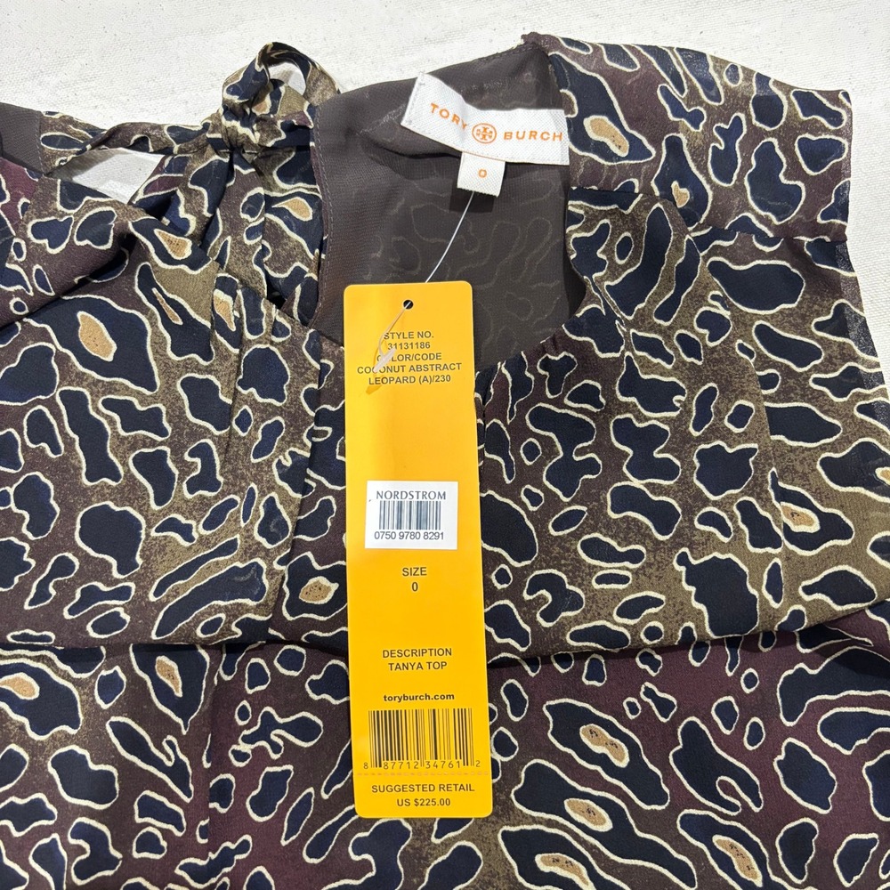 NWT Tory‎ Burch 100% Silk Tanya Top Abstract Leopard Tie Neck Blouse Size 0 - Picture 3 of 6